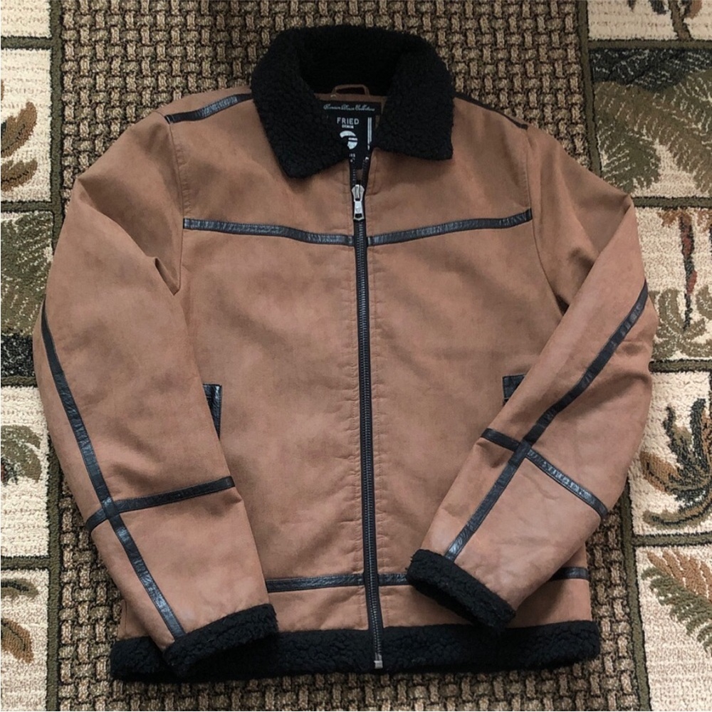 Fried Denim Faux Leather Bomber Jacket Dark Tan & Black